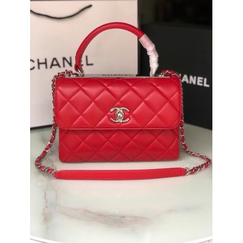 Bolso con solapa y asa superior de piel de cordero original de Chanel AS92236 Metal en tono rojo y plateado