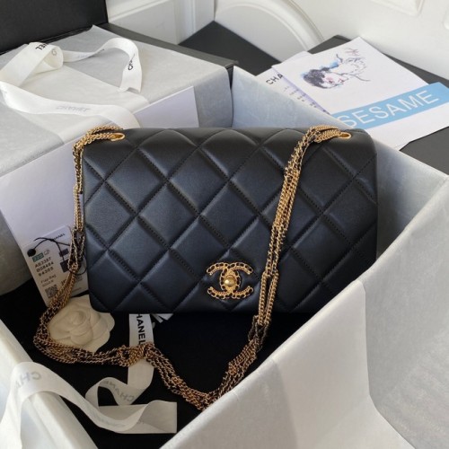 BOLSO PEQUEÑO CON SOLAPA Chanel Piel de cordero Metal dorado AS3387 negro