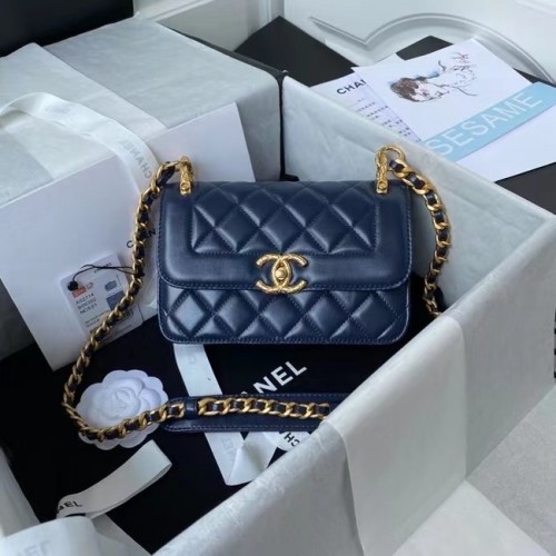Chanel pequeño Flap Shoulder Bag Cuero original AS2714 azul
