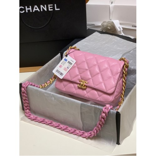 Bolso de hombro pequeño Chanel Piel de cordero y metal dorado AS3206 rosa