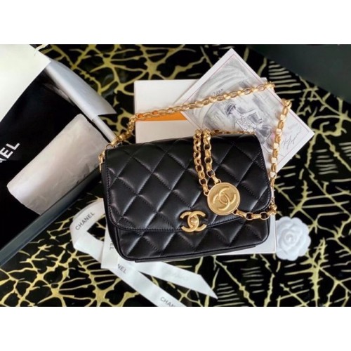 Bolso pequeño con solapa Chanel Piel de cordero Metal dorado AS2189 negro