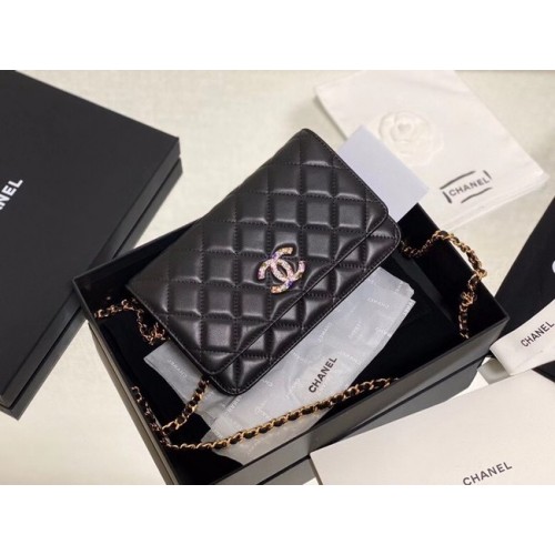 Cartera Chanel con cadena Piel de cordero Metal dorado lacado AP2021 negro