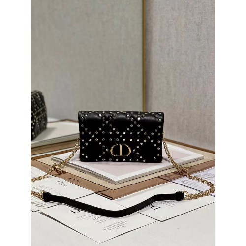 POUCH DIOR CARO MACROCANNAGE Piel de becerro Macrocannage con motivo de estrella S5135UNH negro y dorado