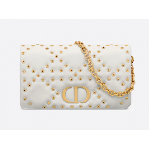 ESTUCHE DIOR CARO MACROCANNAGE Piel de becerro macrocannage con motivo de estrella S5135UNH blanco y dorado