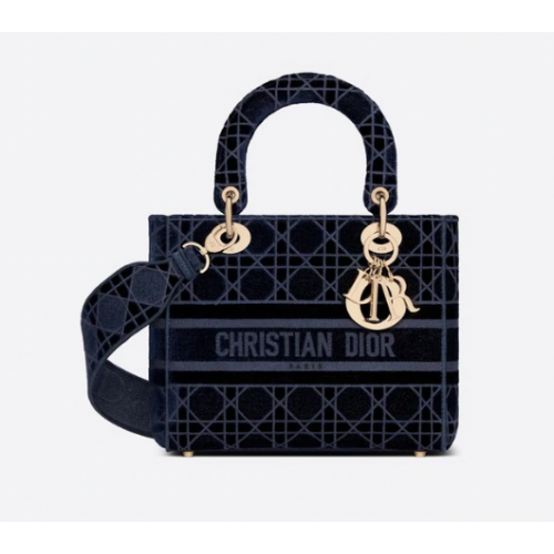 BOLSO DIOR MEDIUM LADY D-LITE Terciopelo bordado Blue Cannage M0565