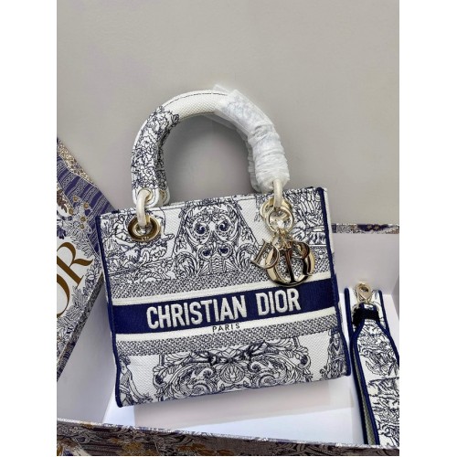BOLSO DIOR MEDIUM LADY D-LITE Azul Toile de Jouy Bordado inverso M0565ORGO