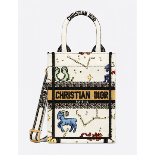 BOLSO PARA TELÉFONO DIOR MINI DIOR BOOK TOTE Latte Multicolor Bordado Pixel Zodiaco Dior S5555CR