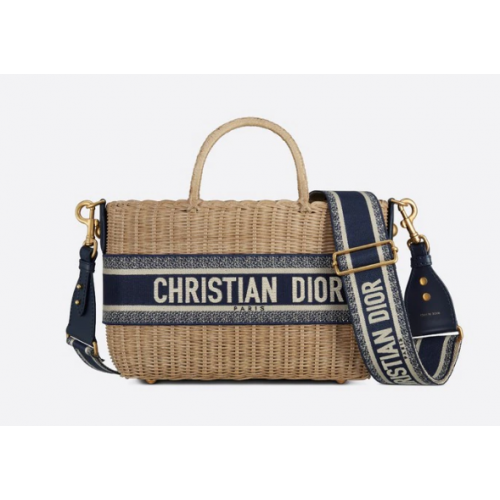 BOLSO CESTA DE MIMBRE DIOR Jacquard azul Dior Oblique y mimbre natural M7601