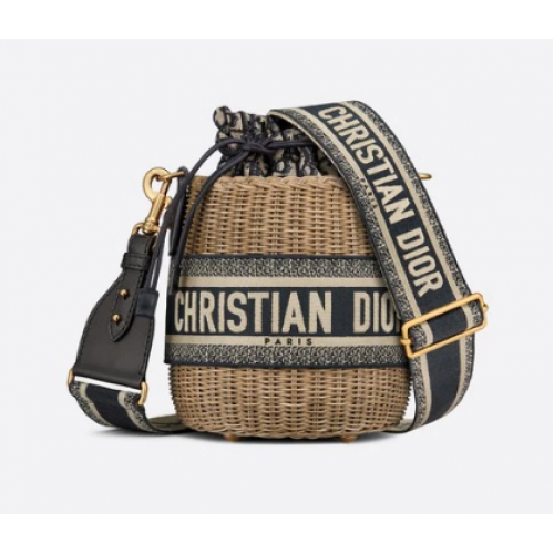 BOLSO SACO DE MIMBRE DIOR Azul Dior Oblique Jacquard y Natural Wicke M7600C