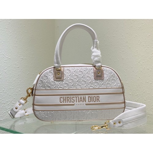 Bolso tote DIOR grande de piel C9178 blanco y dorado
