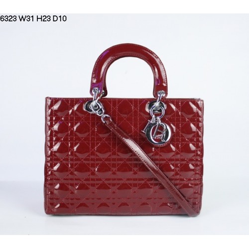Christian Lady Dior Bolso Charol Rojo Oscuro 6323 Plata