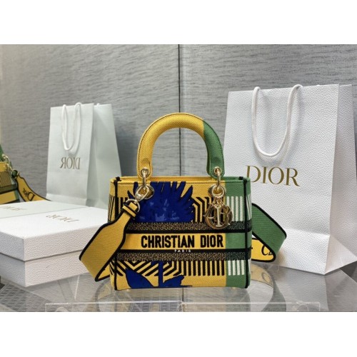 BOLSO MEDIUM LADY D-LITE Dior Bordado C0420 amarillo