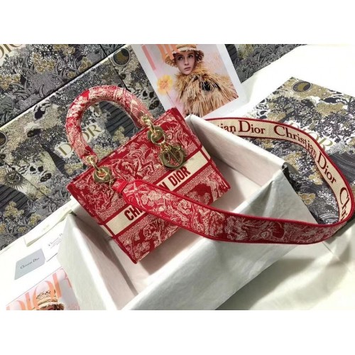 Dior MEDIUM LADY D-LITE BAG Flores Bordado Denim M0565OJA Rojo