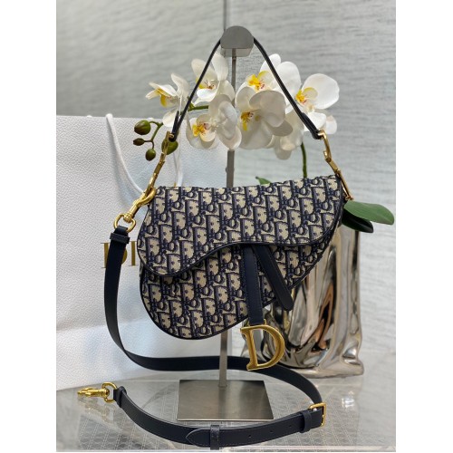 Bolso Saddle Dior con Correa Oblique Jacquard M0488 Azul