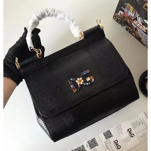 Dolce Gabbana SICILY Bolso tote con estampado de lagarto BB4137 negro