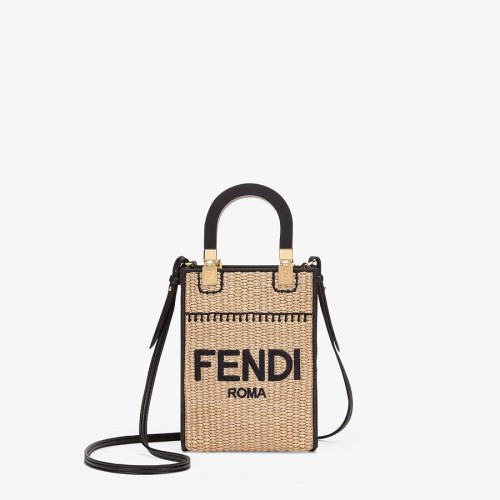 FENDI MINI SUNSHINE SHOPPER Minibolso de paja trenzada 8BS051 albaricoque