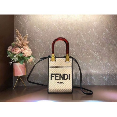 FENDI MINI SUNSHINE SHOPPER Minibolso de paja trenzada 8BS051 albaricoque