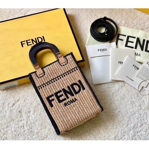 FENDI Mini Sunshine Shopper FF minibolso de rafia 8BS051A negro