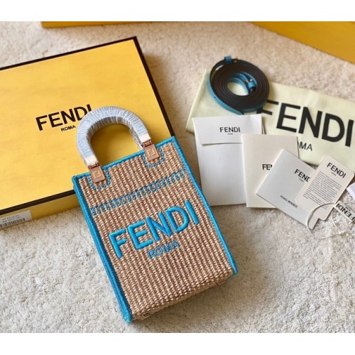 FENDI Mini Sunshine Shopper FF minibolso de rafia 8BS051A azul