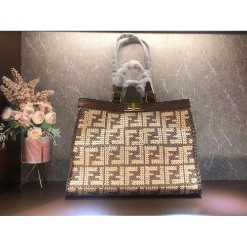 FENDI PEEKABOO X-TOTE FF bolso de rafia 8BH374A marrón