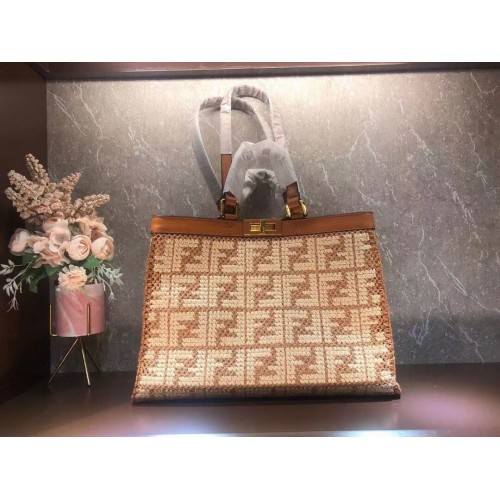 FENDI PEEKABOO X-TOTE FF bolso de rafia 8BH374A marrón claro