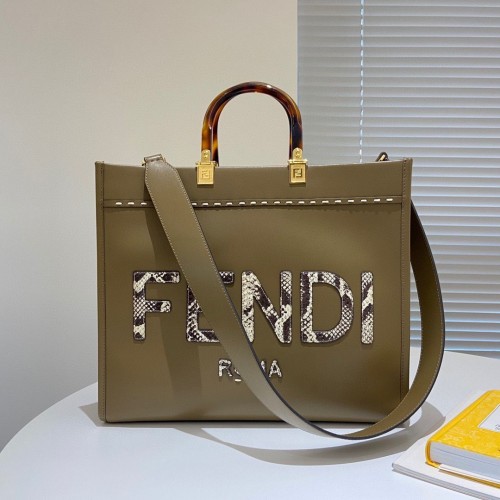 FENDI SUNSHINE Bolso shopper Togo de franela con logotipo de piel de serpiente mediano 36553B Gris