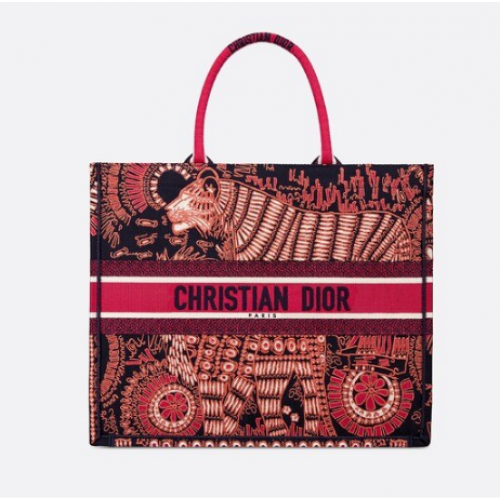 BOLSO DE LONA BORDADO ANIMALES DIOR FUCSIA DIOR BOOK TOTE M929
