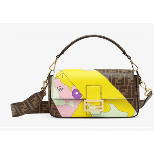 Bolso Fendi FF de tela vidriada con incrustación Baguette 8BR600A marrón y amarillo