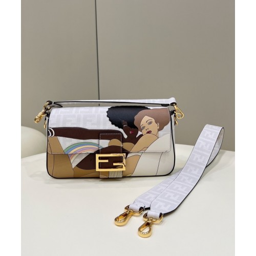 Bolso Fendi FF de tela vidriada con incrustación Baguette 8BR600A blanco
