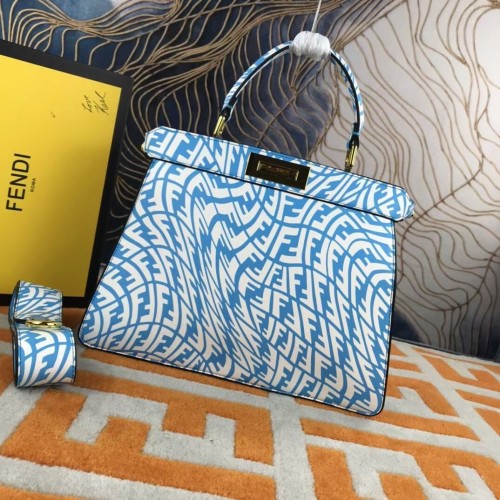 Fendi PEEKABOO ISEEU MEDIUM bolso de cuero FF Vertigo azul y blanco 8BN321AGK