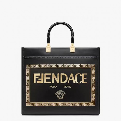 Fendi Sunshine Medium Fendace Bolso shopper de cuero negro estampado con logo 8BH386A