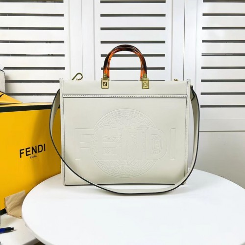 Bolso shopper Fendi Sunshine Medium Fendace Printedleather Logo F0873 blanco