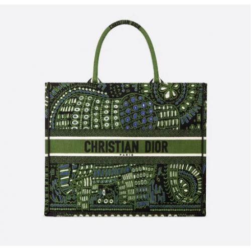 BOLSO BOOK TOTE DIOR VERDE DE LONA CON ANIMALES BORDADOS M55E