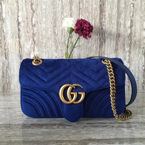 Gucci 443497 GG Marmont Chevron Terciopelo Bolso De Hombro Azul