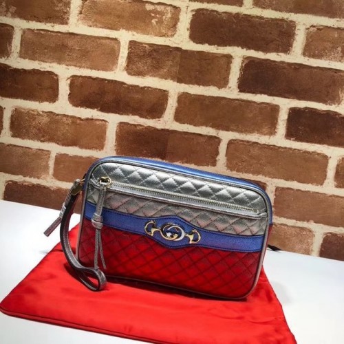 Bolso de embrague de cuero de piel de becerro Gucci 447632 azul y rojo y plateado