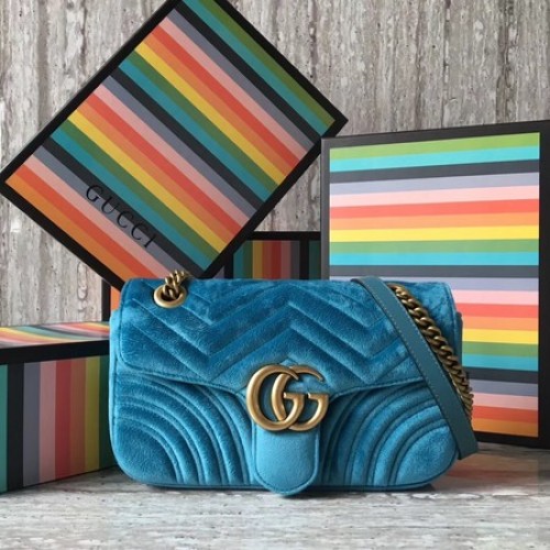 Gucci GG Marmont Chevron Bolso de hombro de terciopelo 443497 SkyBlue