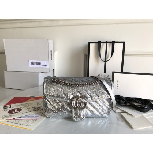 Gucci GG Marmont Sequin Mormont Bolso de hombro pequeño 443497 Plata