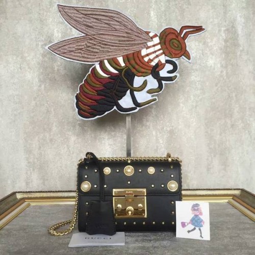 Gucci Padlock Bolso de hombro de cuero con tachuelas 432182A Negro