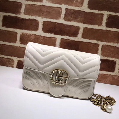 Gucci Pearl GG Marmont Pequeño Matelasse Bolso de hombro de cuero original 443497 Blanco