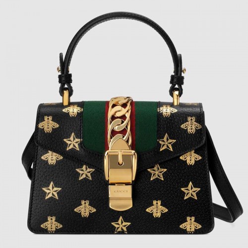 Gucci Sylvie Bee Star mini bolso de cuero 470270 negro