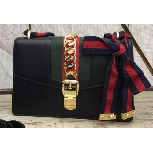 Gucci Sylvie Cuero Cadena Bolsa 431667 Negro
