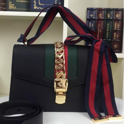 Gucci Sylvie Bolso De Hombro De Cuero 421882 Negro