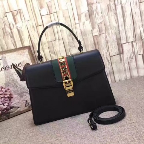 Bolso Gucci Sylvie De Cuero Con Asa Superior 431665 Negro