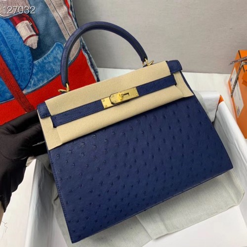 Bolso Hermes Kelly Original Cuero Piel De Avestruz H5600 Azul Oscuro