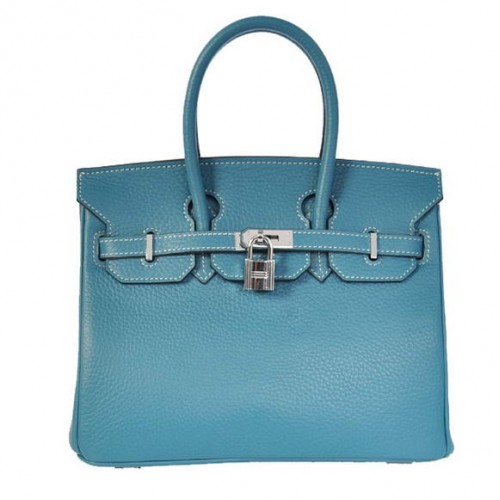 Hermes Birkin 25CM Tote Bolsas Togo Cuero Azul Plata