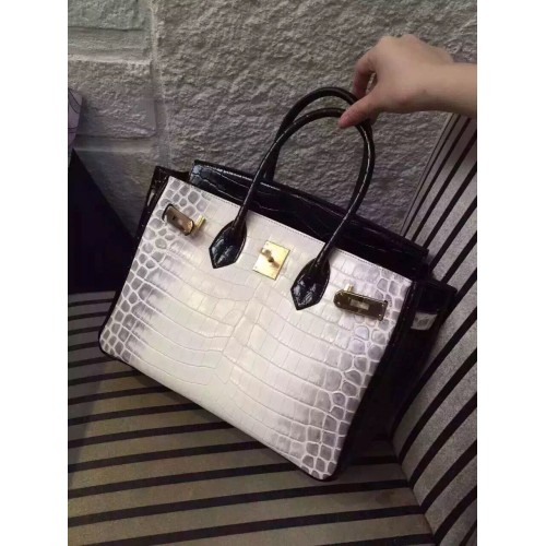Hermes Birkin 30CM Bolso de Hombro Blanco y Negro Croco Cuero H30 Oro