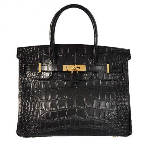 Hermes Birkin 30CM Tote Bolsas Negro Cuero De Cocodrilo Oro
