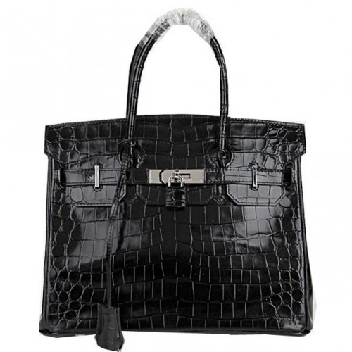 Hermes Birkin 30CM Tote Bolsas Negro Iridescent Croco Cuero Plata