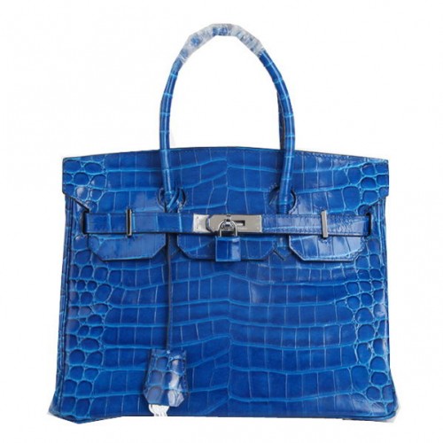 Hermes Birkin 30CM Tote Bolsas Azul Iridescent Croco Cuero Plata