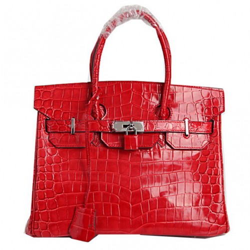 Hermes Birkin 30CM Tote Bolsas Rojo Iridiscente Croco Cuero Plata